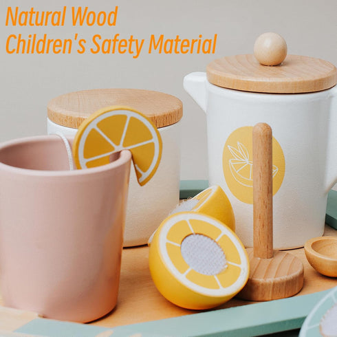 MIKNEKE Set Set Sets Wooden Tea Party for Little Girls Toys, Pretend Play Kids Tea for Toddlers Wood Toys, Wooden Play