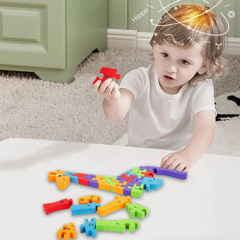 LovesTown Giraffe Wooden Puzzle - 26PCS Jigsaw Puzzle with Alphabet and Number Blocks for Preschool Kids