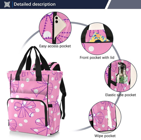 Jihqo Backpack 10L Diaper Bag Pink Polka Dots Bows Travel Diaper Bags for Women, Functional Baby Changing Bag