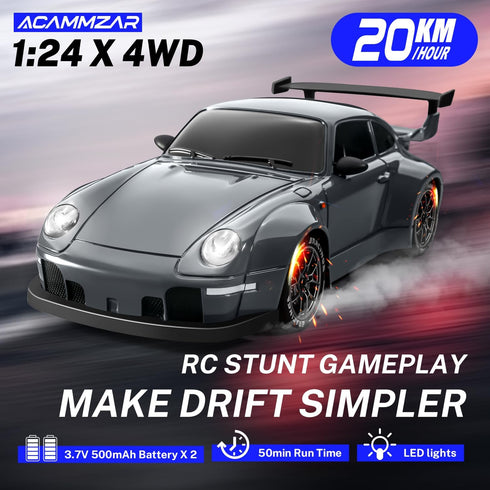 ACAMMZAR 1:24 20KM/H 4WD RC Drift Car, Remote Control Car for Kids, High Speed RC Cars with LED Lights, Two Batteries