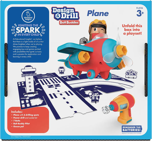 Educational Insights Design & Drill Bolt Buddies Plane Take Apart Toy with Electric Drill - STEM Gift for Ages 3+