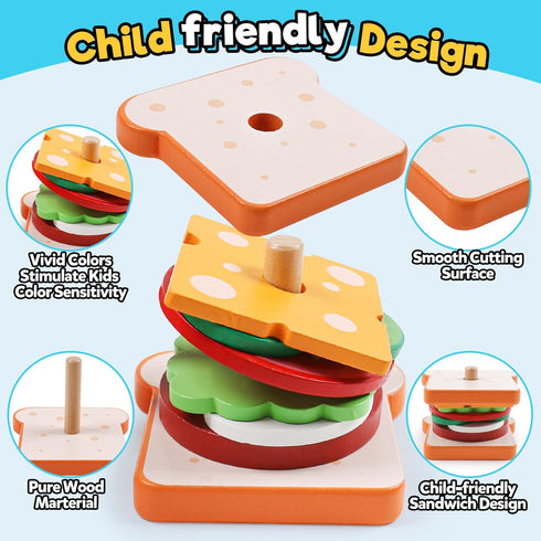 Set Wooden Sandwich Sorting Stacking Toys Play Food for Toddlers Preschool Educational Montessori Toys Fine Motor Toy
