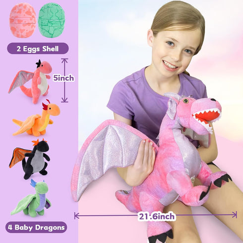7 21.6 inch 4 2 Muiteiur Piece Dragon Stuffed Animals, Soft Plush Pink Dragon with Baby Toys and Eggs, Gift for Kids