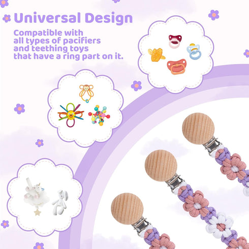 (2pack:Lavender 2) Pacifier Clip for Boys Girls Floral Daisy Macrame Baby Paci Clip Pacifier Holder Leash Boho Wooden