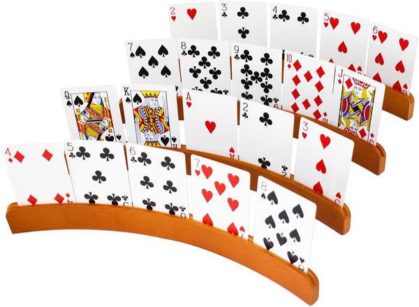 Yuanhe Wooden Playing Card Holders - Curved Card Game Tray Rack, Set of 4