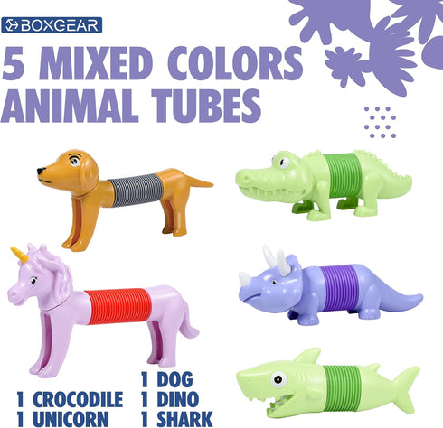 Boxgear 5-Pack Pop Tubes Mixed Animal Fidget Toys, Sensory Tubes for Toddlers, Stress-Relief Pop Sound Toys