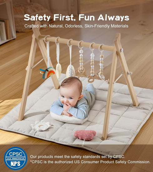 9 little dove Baby Gym with Mat, Wooden Play Gym with Sensory Toys, Foldable Baby Play GymFrame Activity Center