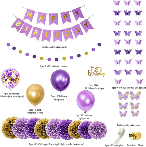 Ouddy Party Purple Birthday Decorations for Women Girls, Butterfly Hanging Garland, Happy Birthday Banner, Purple Gold