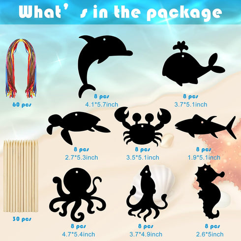 64 Pcs Sea Theme DIY Scratch Cards Set, Birthday Party Supplies Favor, Rainbow Color Scratch Art with Wooden Styluses
