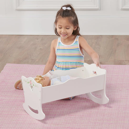 Badger Basket Toy Rocking Doll Bed with White Bedding and Personalization Kit for 20 inch Dolls - White Rose