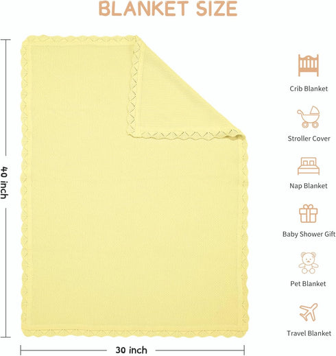 100% 30 40 Inches, Cotton Baby Blanket Knit Soft Warm Lace Toddler Newborn Nursery Blanket, x Lemon Yellow