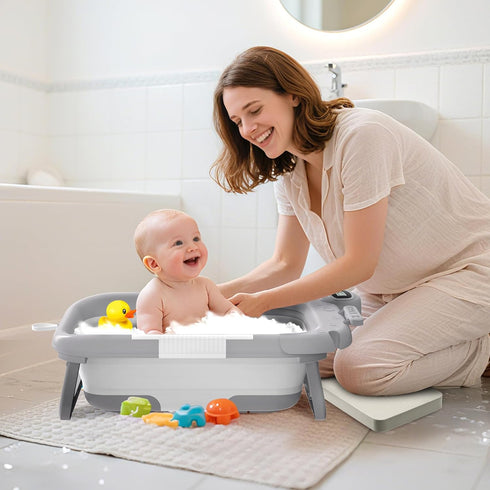 LAUJIA Grey Foldable Baby Bathtub with Cushion & Kneeling Pad, Large Infant Bath Tub with Thermometer & Support Pillow
