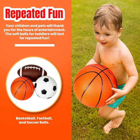 Bounce New Soft Sports Balls for Toddlers - Set of 3 Mini PVC Balls; Basketball, Football, Soccer - Outdoor Playground