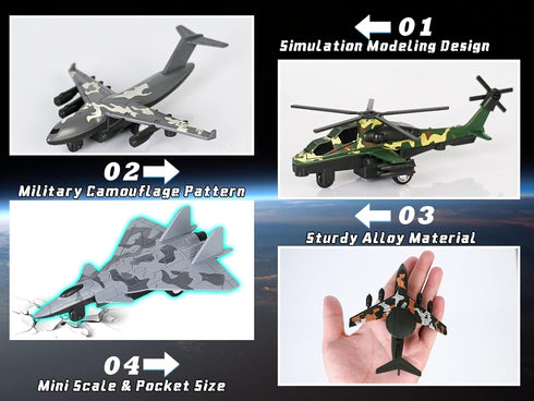 4PCS Army Airplane Toys Set - Diecast Military Fighter Jet Playset Helicopter Pull Back Aircraft for Kids 3+