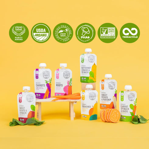 Serenity Kids 6+ Months USDA Organic Veggie Puree Baby Food Pouches - Carrot Spinach & Basil, 3.5 Ounce BPA-Free Pouch