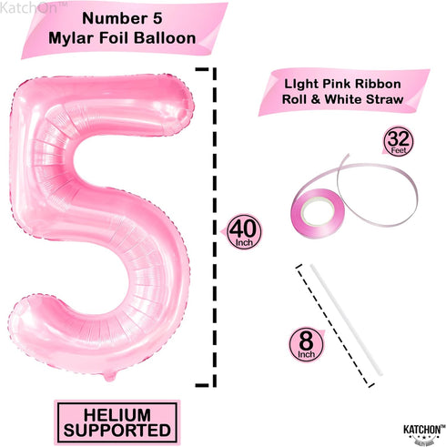 KatchOn Giant Pink 5 Balloon - 40 Inch Mylar Number 5 Balloon for 5th Birthday Decorations Girl
