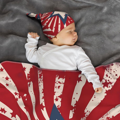 Star Stripes Baby Swaddle Blanket with Beanie Set, Newborn Receiving Blankets 35.4"X 35.4" USA Flag Soft Wrap Gift