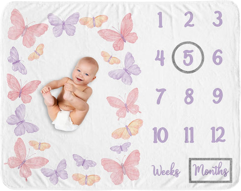 Sweet Jojo Designs Baby Milestone Blanket (Pink/Purple Shabby Chic Butterfly) for Girls,