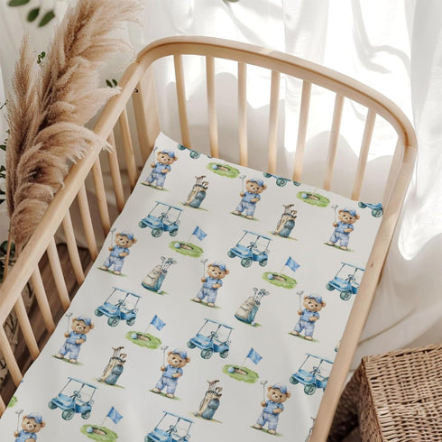 Wicbfdfv Cute Bear Golf Cart Blue Baby Crib Sheet for Boys Girls 52x28x9