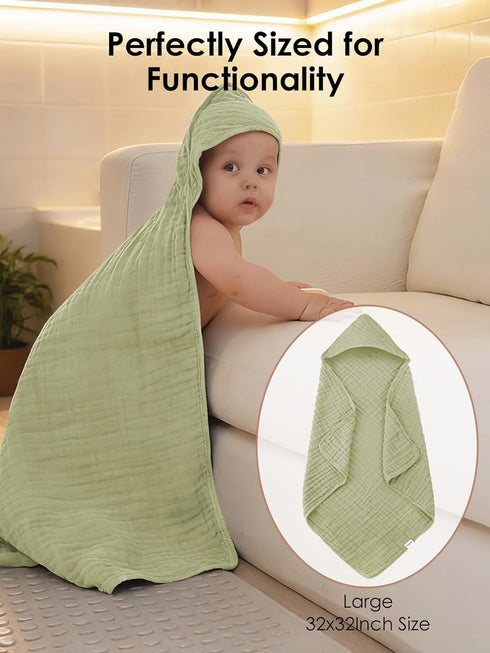 YOYOO 3 Pack 100% 32x32 Inch Muslin Hooded Baby Bath Towels - Cotton Ultra-Soft Towels for Newborns, Infants, Toddlers