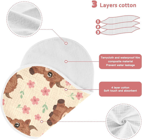 FUQIUMI 4 22"x 11" Highland Cow Animal Floral Print Muslin Burp Cloths for Babies,Soft Cotton Layer Burping Cloths