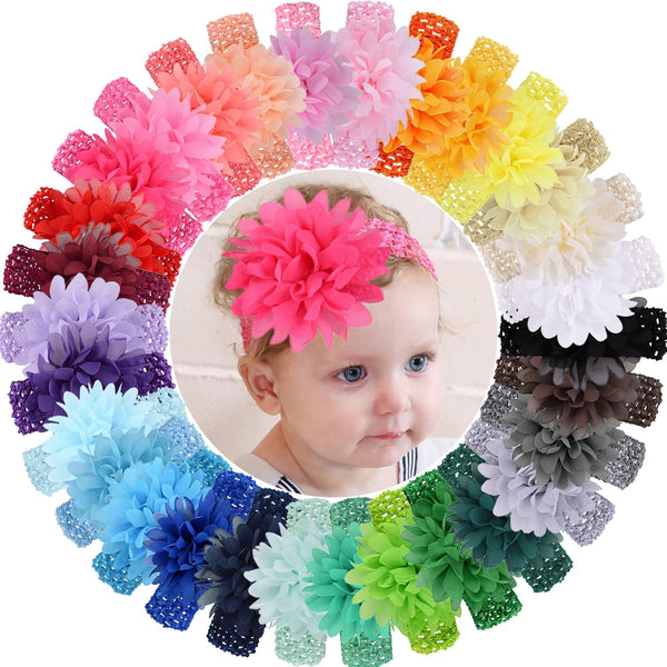 WillingTee 30pcs Baby Girls Headbands, Chiffon Flower Soft Stretchy Hair Accessories for Newborns & Toddlers
