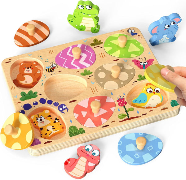 Zeoddler Wooden Puzzles for Toddlers, 8 Pcs Animal Matching Egg Puzzle, Montessori