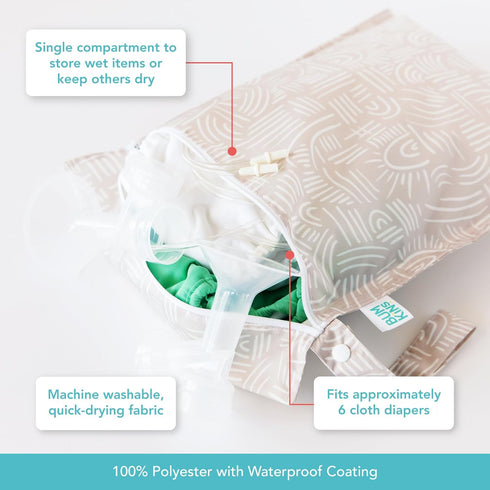 Bumkins Waterproof Wet Bag for Baby, Travel, Swim Suit, Cloth Diapers, Zipper Reusable Bag, Boho Beige