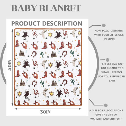 100% 40 36 Inch Breling Western Cowboy Muslin Baby Blankets for Girls Boys, Cotton Crib Blanket for Infant Toddler, x