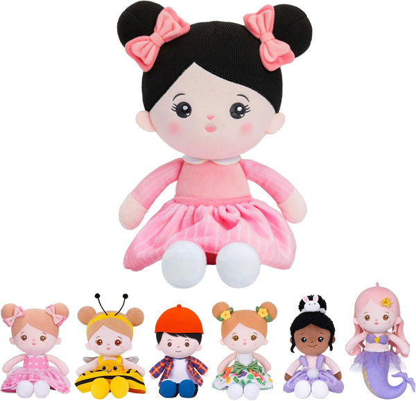 OUOZZZ Soft Baby Doll for Girls - My First Baby Doll, Plush Rag Doll with Black Hair & Pink Dress for Toddlers