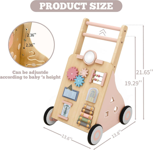9+ Wooden Baby Walker, Baby Push Walker with Wheels Multiple Learning Activity Center Baby Walker Adjustable Height