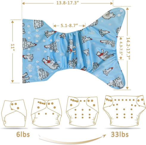 6 Pack 6 Inserts,1 TDIAPERS Cloth Diapers Reusable Washable Pocket Diapers Cover One Size Adjustable for Baby Snaps