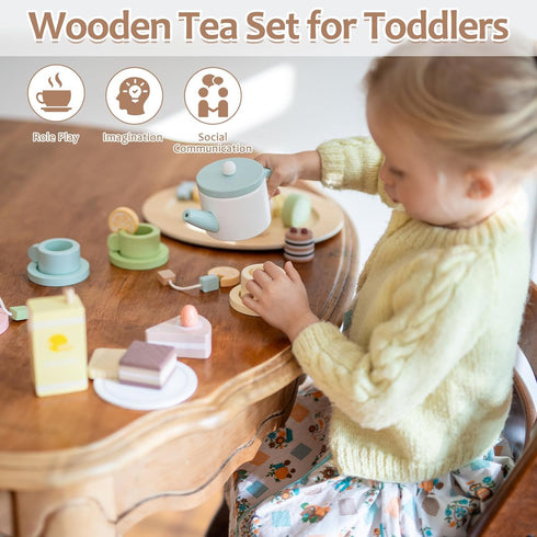 Set 34 Set 3-5, Set Wooden Tea Party for Little Girls, PCS Wooden Tea for Toddlers Pretend Play Kids Wood Tea Toy, Play