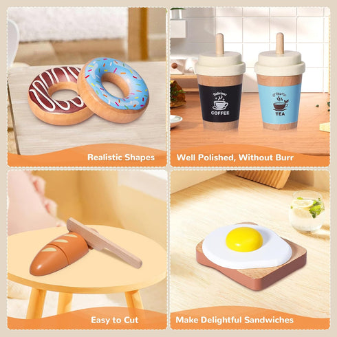 Inslat Playset Set 3+ Wooden Bakery Food Toys, Kids Pretend Play Food Baking Kitchen Accessories with Storage Bag