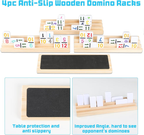 JOYOUSLIFE 4 12 Set 91 Mexican Train Numbers Dominoes with Wood Trays, Color Double Numerical Domine for Adults