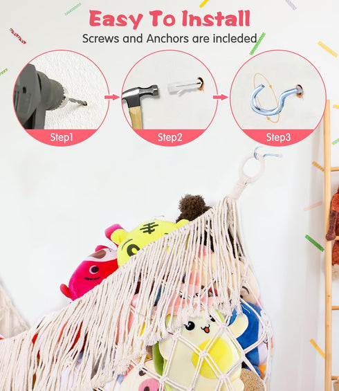 Stuffed Animal Hammock, Extra Large 56'' Long/Cream, Vertical Toy Storage Organizer for Plush Toys