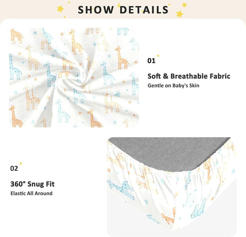 miaozhen 1 Pack 52x28 Cotton Baby Crib Sheets Ultra Soft Blue and Orange Simplified-line Giraffe Playard Mattress