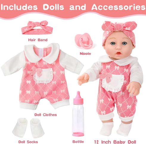 12'' Playset,Pacifier,Feeding 3+ DONTNO Baby Doll in Gift Box with Clothes Accessories Bottle. Gift Idea for Ages