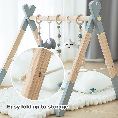 5 Wooden Baby Play Gym Foldable Gym Frame Activity Gym Hanging Bar with Toys Natural for Newborn Baby (Foldable Grey)