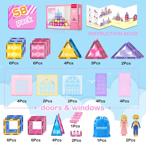 Princess Magnetic Tile Castle - 3D Building Block Set for Kids, Pink Magnetic Building Blocks with Doll, Ages 3-8