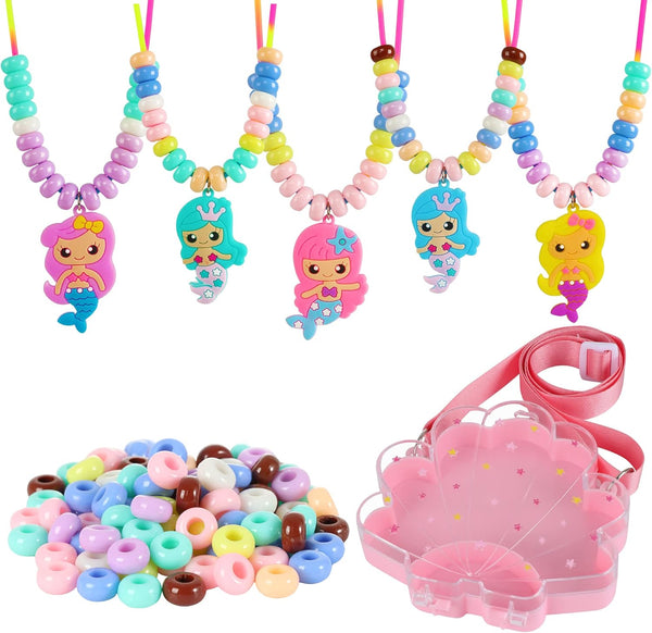 FLYINGSEEDS Mermaid Necklace Making Kit for Little Girls, Beaded Arts and Crafts with Shoulder Box