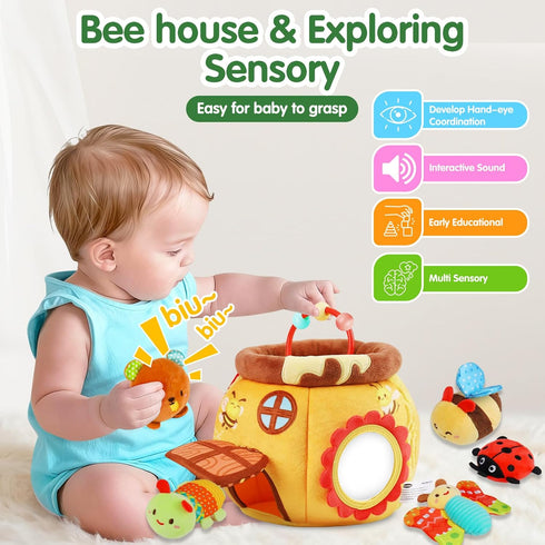 6-12 5 6 7 8 9 10 0-2 Thremhoo Baby Toys Months - Soft Beehive with Stuffed Animals, Rattle, Crinkle, Mirror