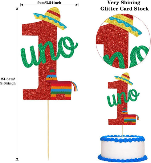 Mexican Fiesta 1st Birthday Party Decor, Highchair Banner, Glitter Cake Topper & Hair Bow for First Birthday