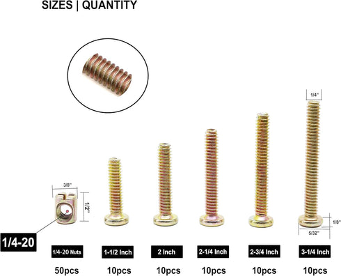 binifiMux 100pcs 1/4-20" Baby Bed Crib Screws Hardware Replacement Kit, Crib Hardware Screws Barrel Nuts Replacement