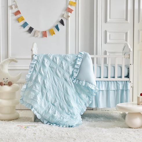 Set Ruffled Crib Bedding Baby Boho Quilted Comforter with Fitted Sheet and Bed Skirt - Cute Soft Breathable Seersucker
