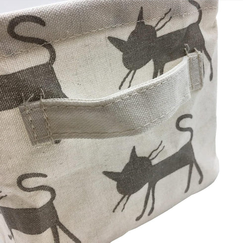 Mziart Small Foldable Canvas Storage Basket with Handles, Cotton Linen Organizer for Nursery Kids Shelves, Grey Cat