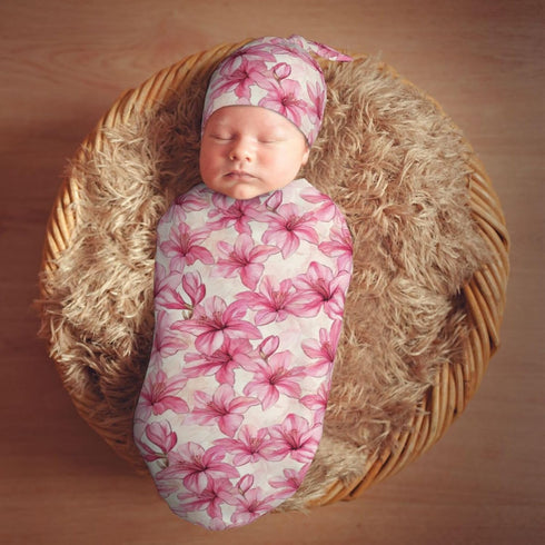 Sets Azalea Flowers Newborn Swaddle Blankets Hat Soft Baby Receiving Blanket Swaddle Sack for Baby Shower Infant Boy