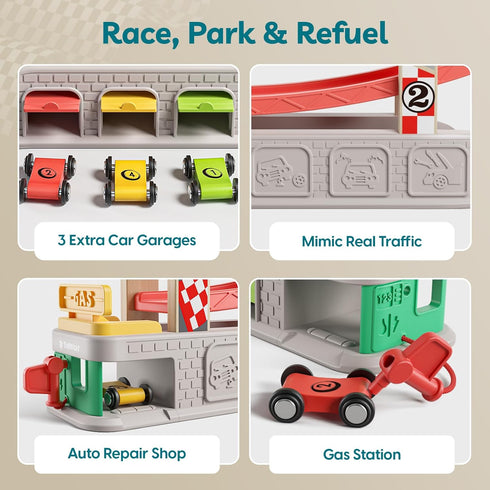 2-4 4 TOP BRIGHT Car Ramp Toys, Race Track Car Toy for Toddler Age Year Old Boy with Cars, Parking Lot & Gas Station