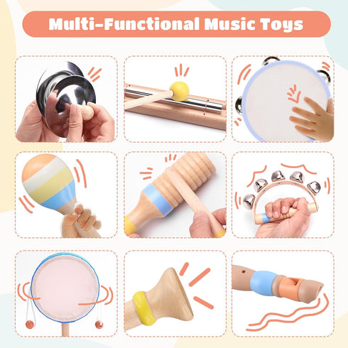 MGparty 13, Set Baby Musical Instruments for Toddlers Montessori Wooden Music with Drum Flute Clarinet Bells Cymbals