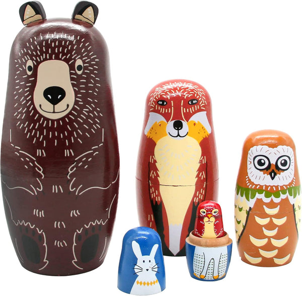 Conzy Russian Nesting Dolls for Kids, Stacking Wooden Handmade Matryoshka Dolls, 5 Piece Cute Cartoon Animal Pattern